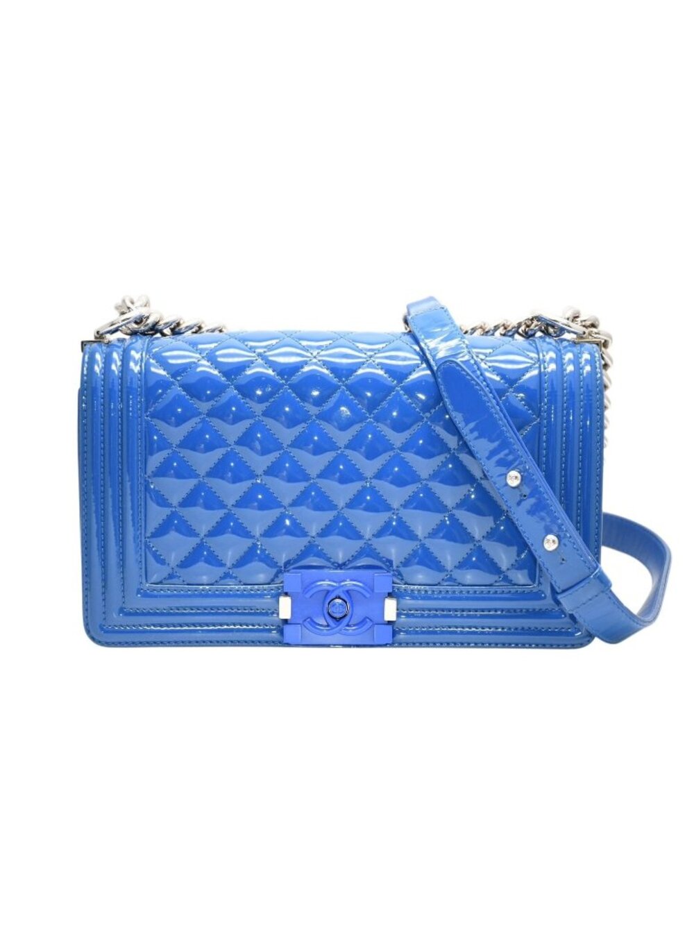 Chanel Boy Chain Shoulder Bag Patent Leather CC Logo Silver